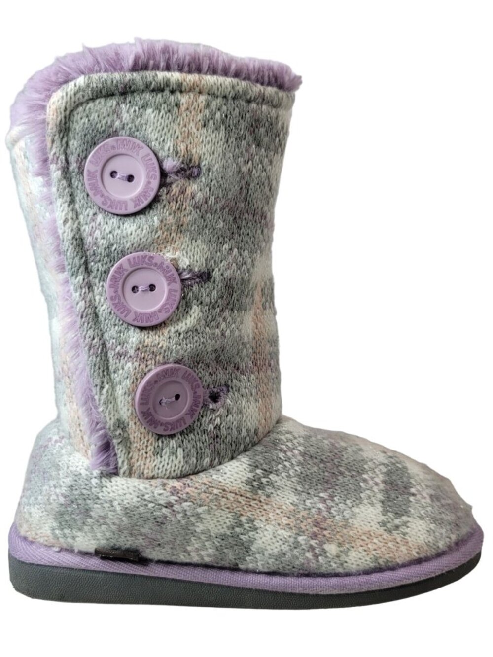 Muk Luks Girls Malena Sweater Knit Boots Purple Gray Size 2 Plaid Mid Height